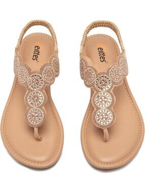 Women's Bohemian Bling Flat Slide Sandals Gold Thong Sandals with Rhinestone